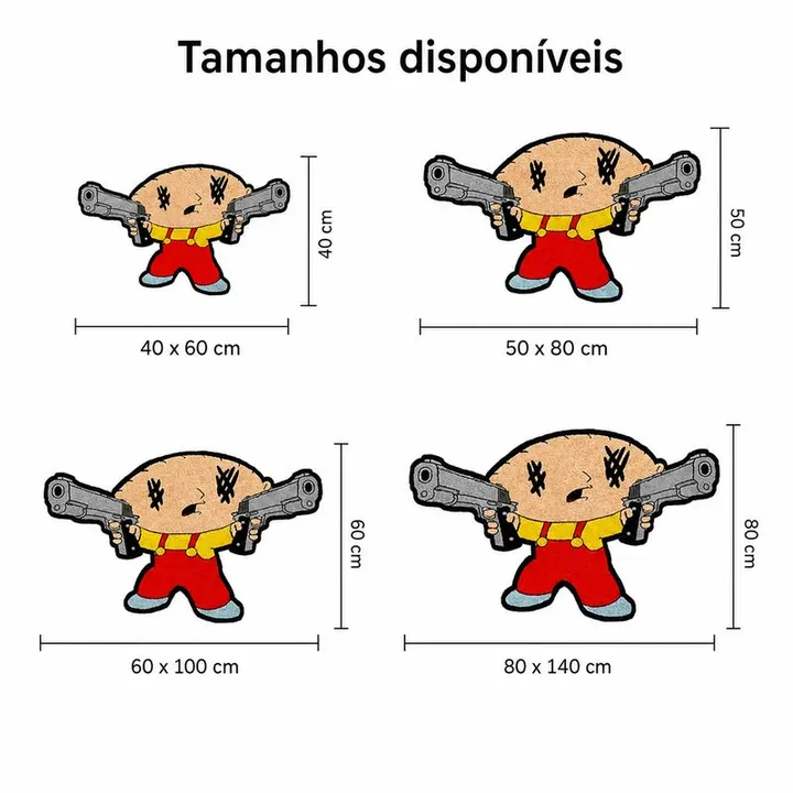 Tamanhos do tapete cartoon gangster: 40 x 60, 50 x 80, 60 x 100 e 80 x 140 cm