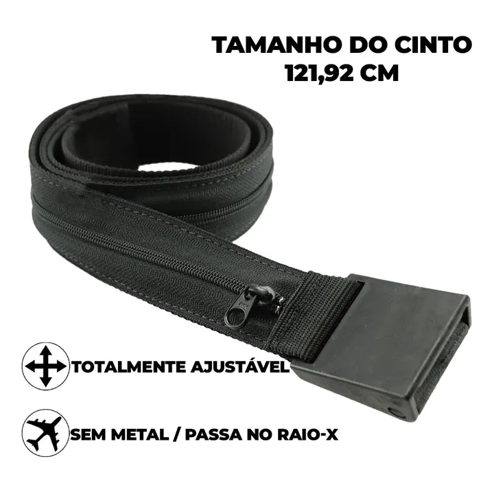 Cinto com Esconderijo TripSafe Preto ajustavel com 121 cm e bolso oculto com ziper