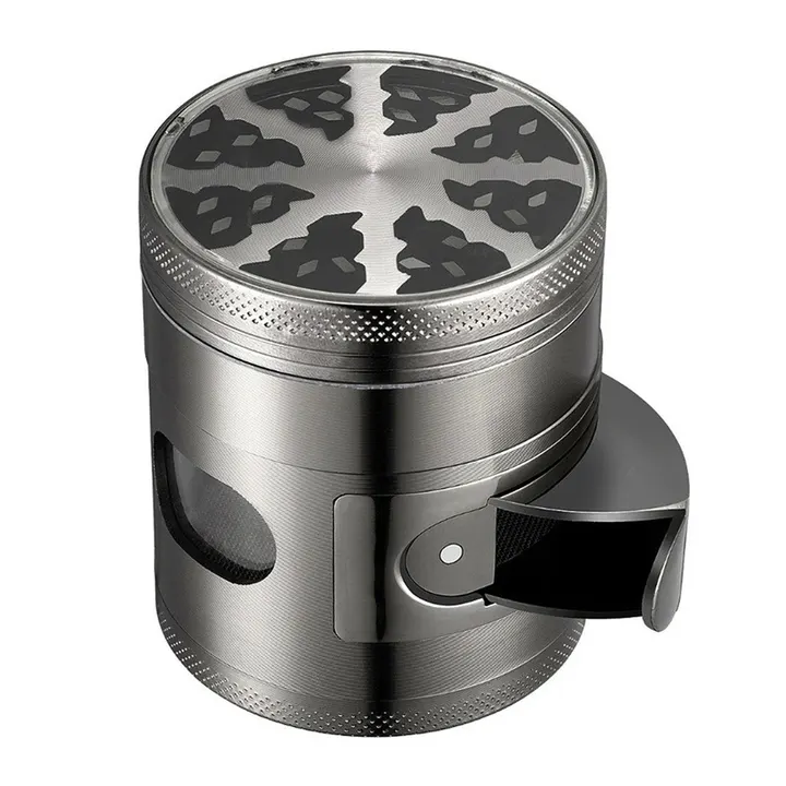 Dichavador Puff Vision de metal cinza com tampa de vidro transparente e compartimento lateral basculante aberto