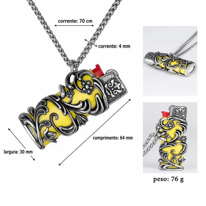 porta-isqueiro-bic-mini-j5-colar-amarelo-tribal-medidas-peso - Medidas em portugues do porta isqueiro BIC Mini J5 com corrente de 70 cm e peso de 76 g.