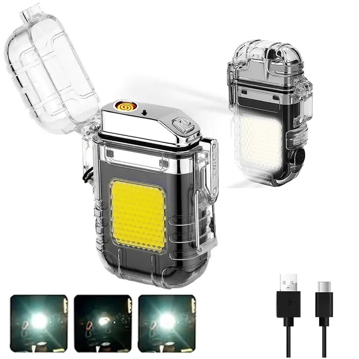 isqueiro-eletrico-capa-produto-preto-com-luz-led - Isqueiro eletrico recarregavel USB com luz LED em foto de capa, mostrando corpo preto e iluminacao frontal.