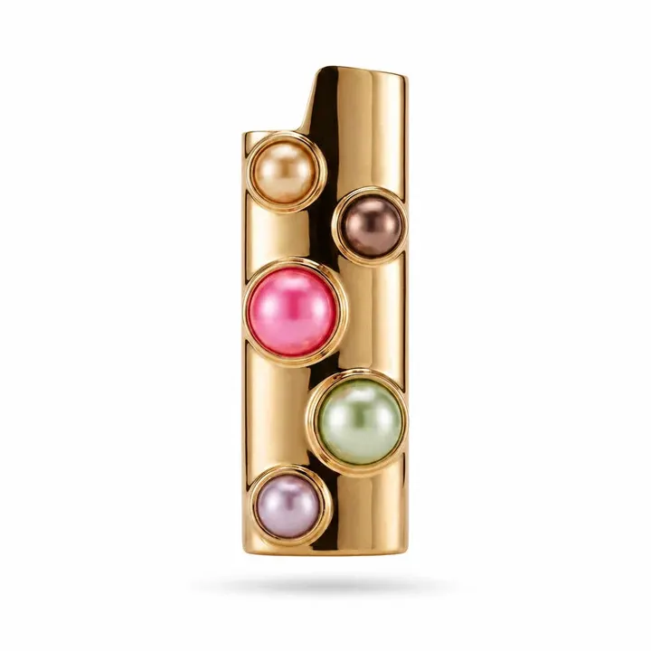 Porta-isqueiro para BIC grande dourado com cinco pérolas coloridas em fundo branco