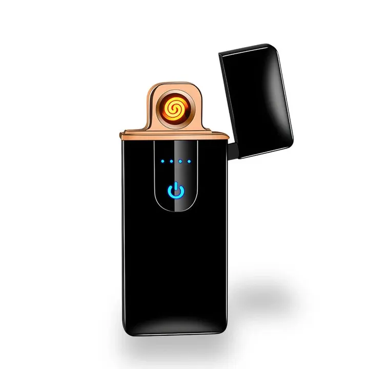 Isqueiro eletrico recarregavel USB touch preto com tampa aberta