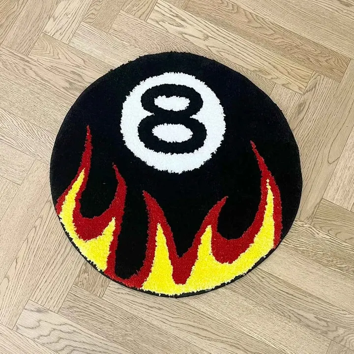 Tapete Bola 8 com chamas em acabamento tufted visto por inteiro