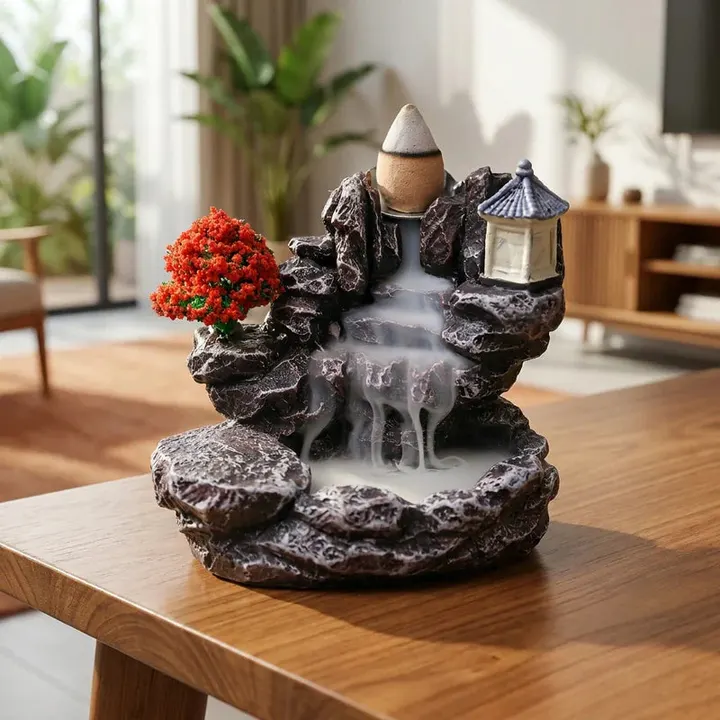 Incensário cascata backflow Jardim Zen Árvore Vermelha em ambiente de sala
