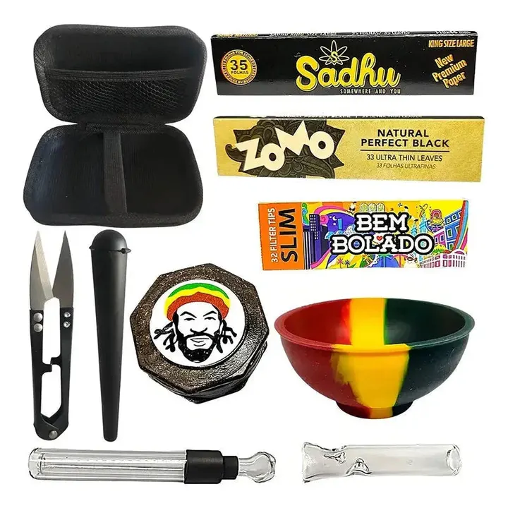 Kit Puff Rasta 9 itens com case, sedas, dichavador e acessorios