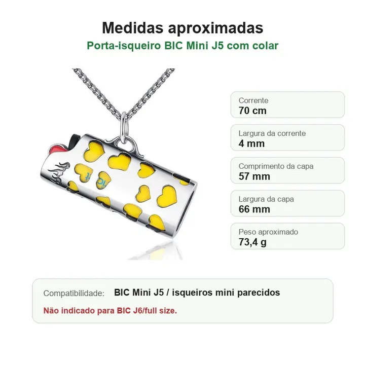porta-isqueiro-bic-mini-j5-colar-coracoes-amarelos-medidas - Medidas em portugues do porta-isqueiro BIC Mini J5 com colar coracoes amarelos.