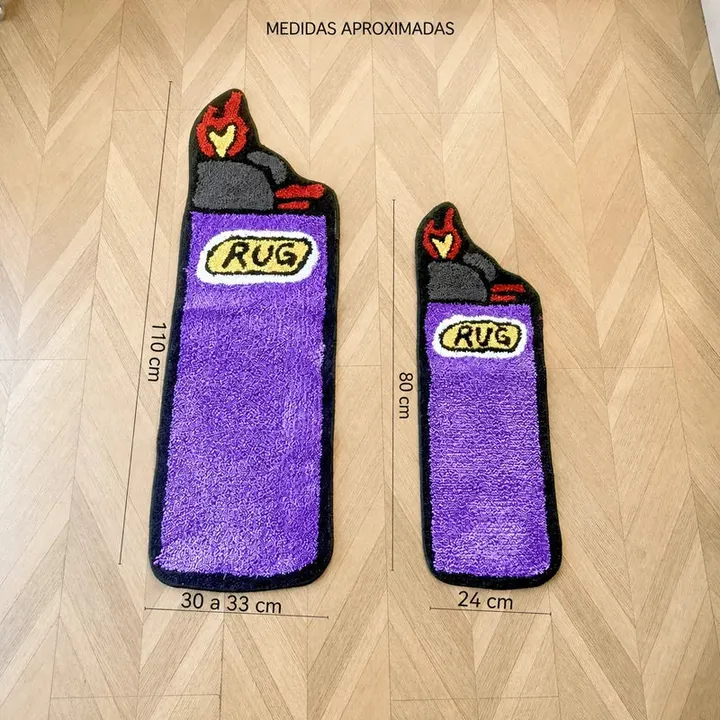 Medidas aproximadas do tapete isqueiro roxo em dois tamanhos