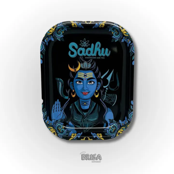 Bandeja de Metal Sadhu com ilustração de divindade azul e moldura floral