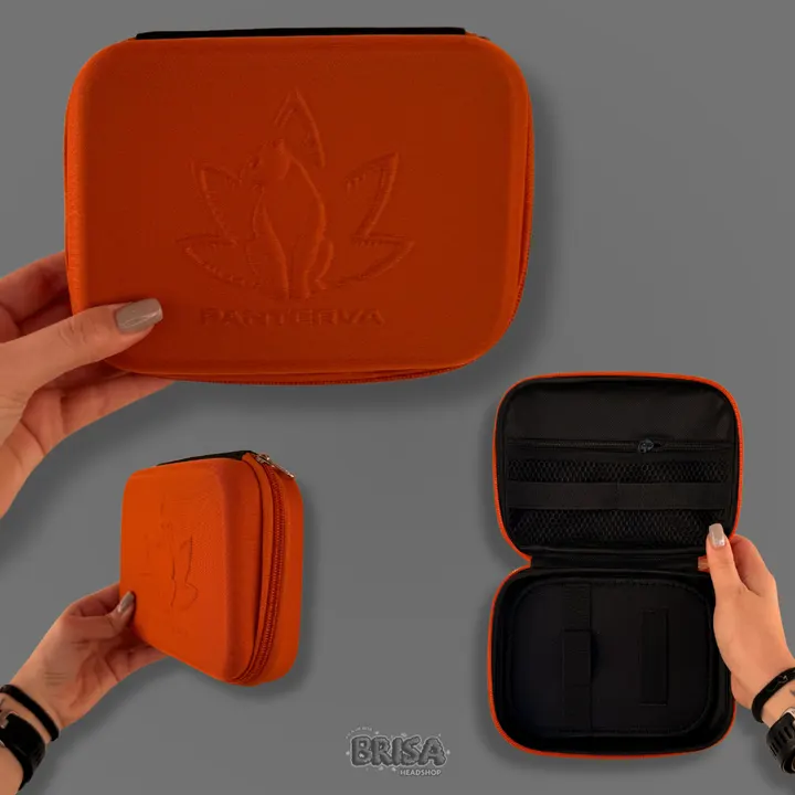 Case Panterva Laranja fechada e aberta, mostrando o interior acolchoado