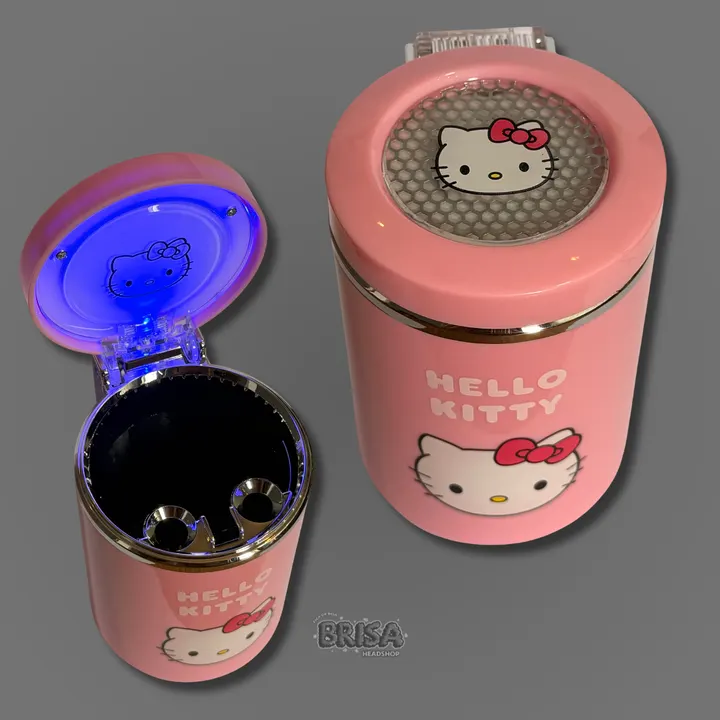 Cinzeiro Led Hello Kitty aberto mostrando a luz de LED azul