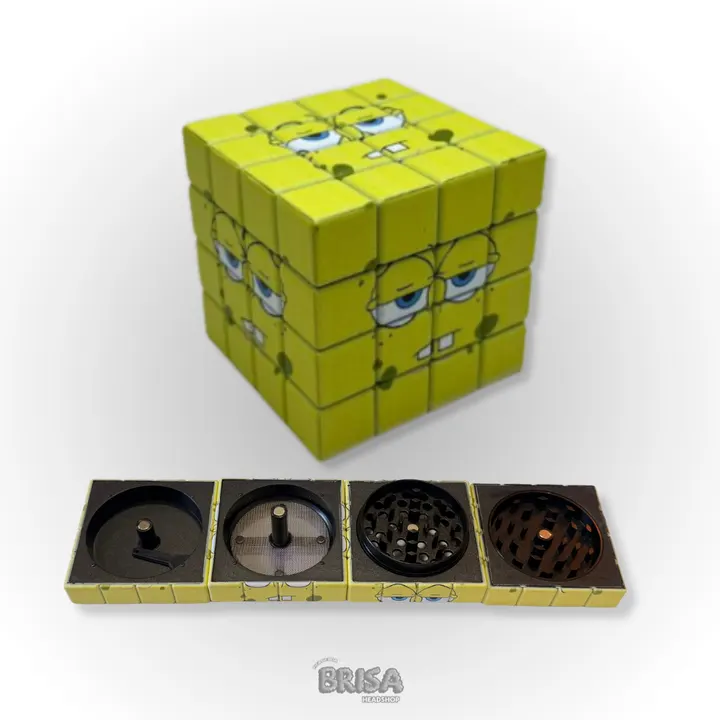 Dichavador Cubo Mágico Bob Esponja Amarelo aberto mostrando as 4 partes