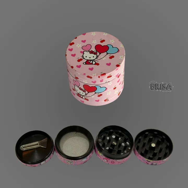 Dichavador de Metal 4 Partes 40mm com estampa Hello Kitty Balões, aberto em 4 partes