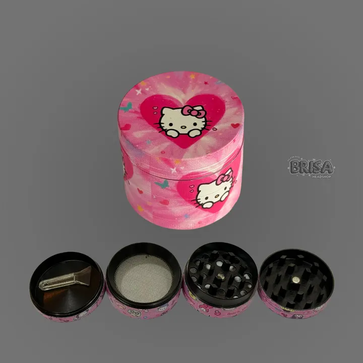 Dichavador de Metal 4 Partes 40mm com estampa Hello Kitty Coração, aberto em 4 partes