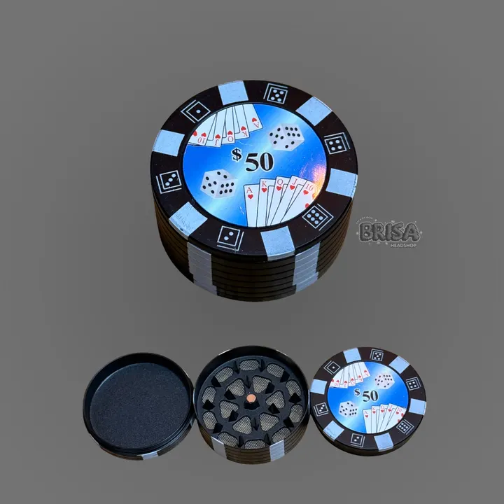 Dichavador Poker de metal aberto mostrando as 3 partes e a tela coletora de kief