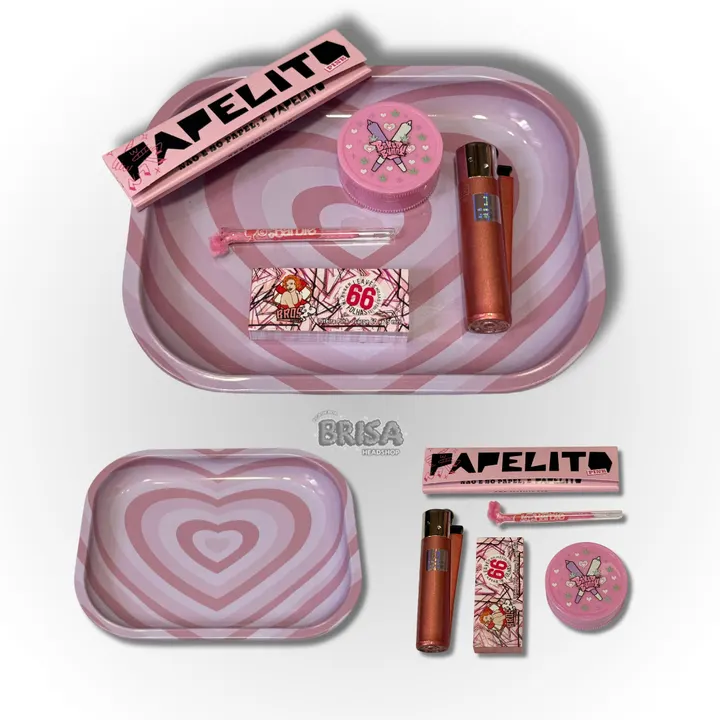 Kit Bandeja Coração rosa com dichavador, seda Papelito, isqueiro Clipper e piteiras