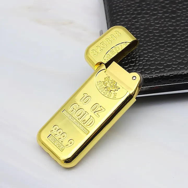 Isqueiro Mini Barra de Ouro com chama acesa