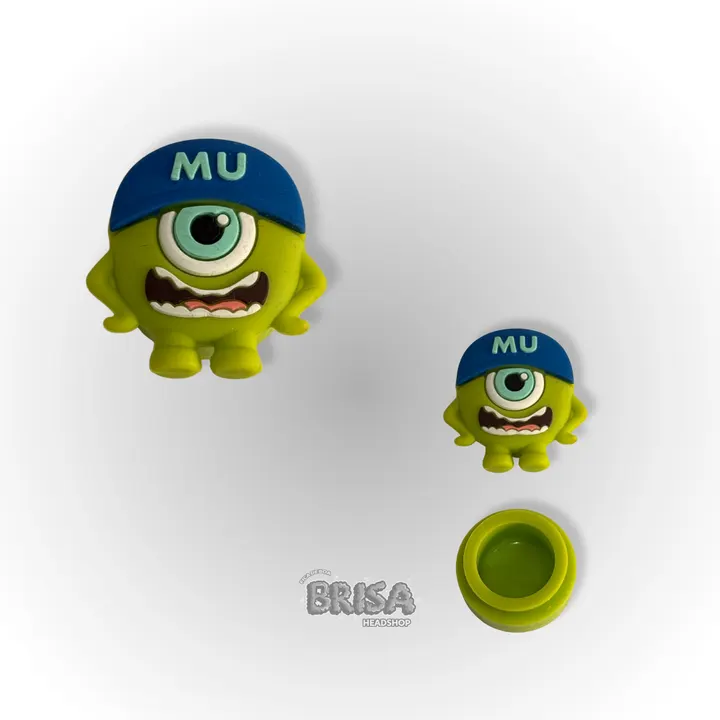 Slick de Silicone Mike Wazowski com boné MU, em tamanho grande e pequeno, e o pote aberto