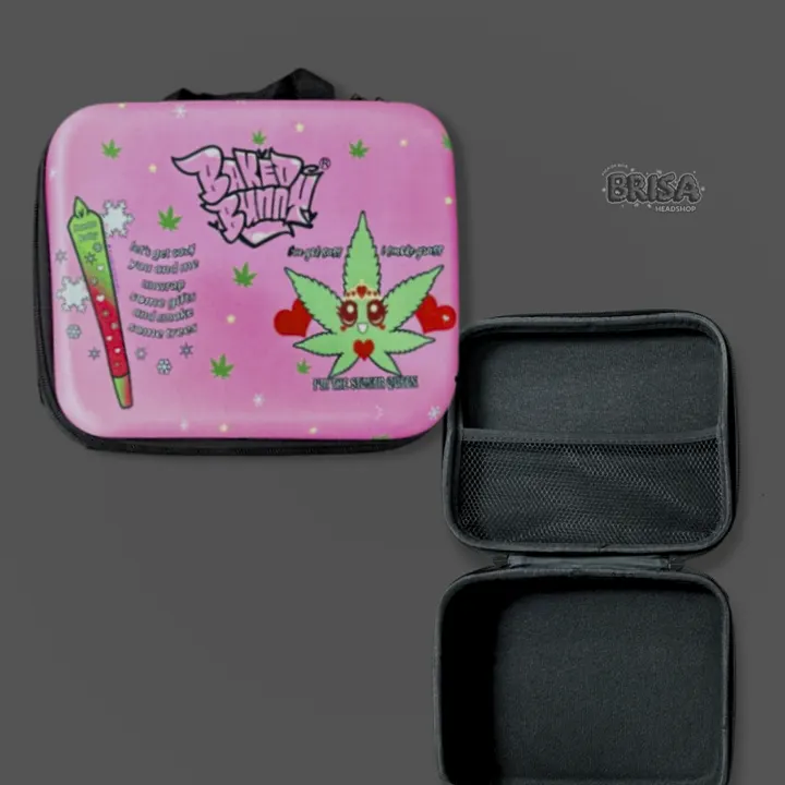 Super Case estampada rosa aberta e fechada, mostrando o interior com divisória